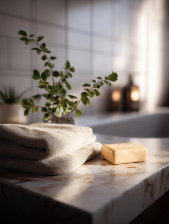 Spa still life with towel and soaple countertop in bathroom