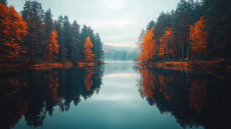 Beautiful autumn landscape with lake, forest and reflection in water.