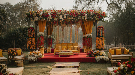 Wedding arch decorated with flowers and candles in the park.の写真素材