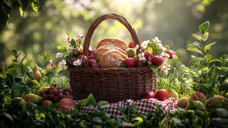 Picnic basket with bread and fruits on the grass in the garden