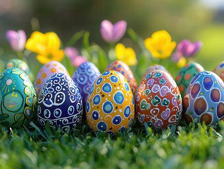 Colorful easter eggs on green grass with crocus flowers.