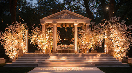 Luxury wedding arch decorated with white flowers in the park at nightの写真素材