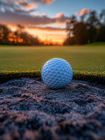 Golf ball on the green of golf course at beautiful sunset.