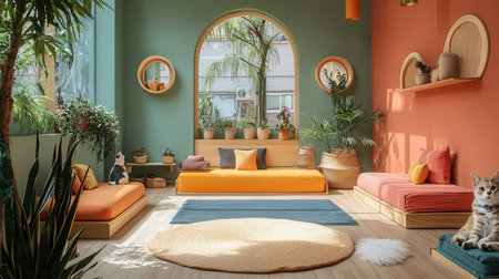 Interior of modern living room with orange wall, sofa, armchair and plants