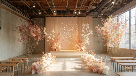3D render of interior of a modern art gallery with white flowers.の写真素材