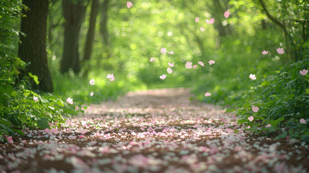 Pathway through the forest with pink petals of cherry blossoms