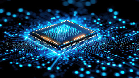 Circuit board with microchips and electronic components. 3d rendering