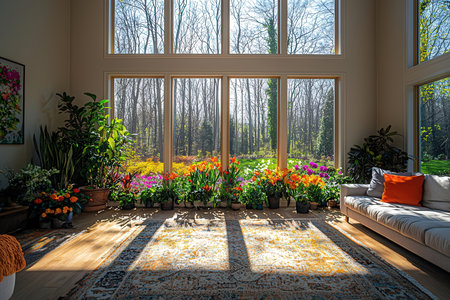 Interior of a living room with a large window and a view of the garden
