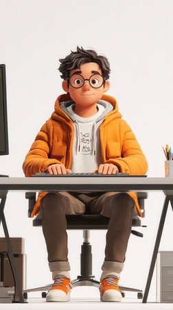 A boy in an orange jacket sitting at a desk with a computer.