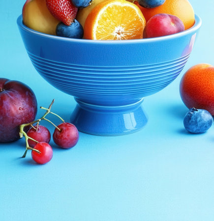 Fruits in a blue bowl on a blue background. Selective focus.