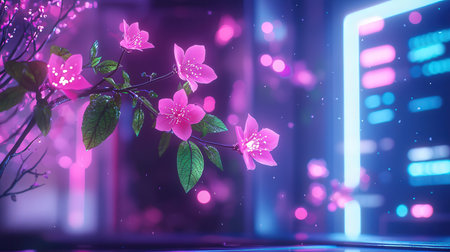 Pink flowers on the background of the night city with neon lights.の写真素材