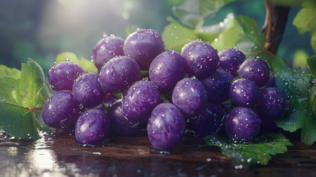 Bunch of grapes with water drops on a wet wooden surface.