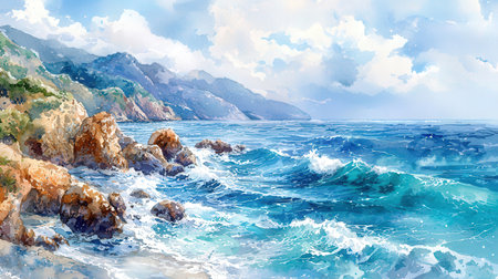 Beautiful seascape with blue sea and mountains. Digital paintingの写真素材