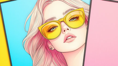 Portrait of a beautiful girl with pink hair in yellow glasses on a colorful background.