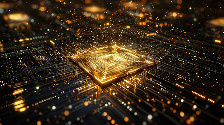 3d rendering of microcircuit with golden particles. Computer or technology background