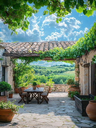 Outdoor terrace with vineyardの写真素材