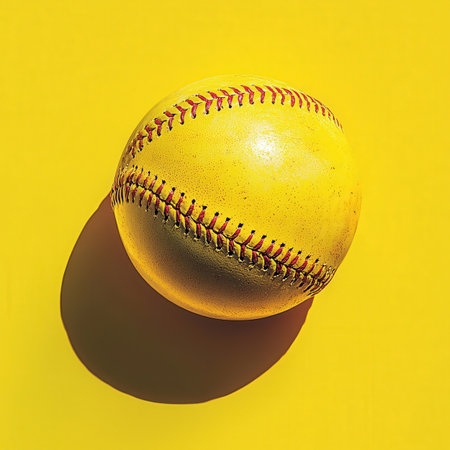 Baseball ball on yellow background with hard shadow. Top view.の写真素材