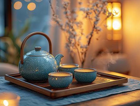 tea ceremony with teapot and two cups on wooden tray