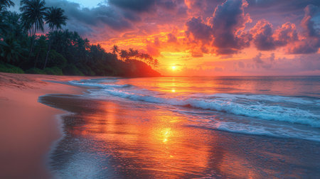 Beautiful sunset on the tropical beach. Sri Lanka. Panorama