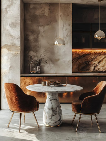 Interior of modern kitchen with marble walls, concrete floor and luxurious brown armchairs