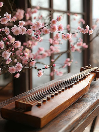 Wooden instrument and sakura flowers on window sill, closeup