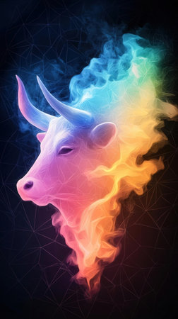 Digital illustration of a cow head in colorful smoke against a black backgroundの写真素材