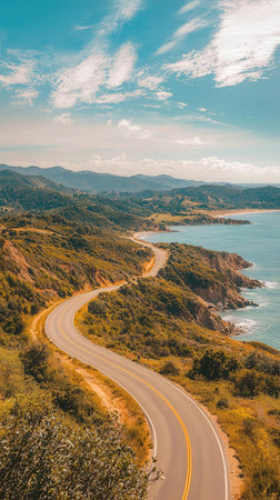 Aerial view of a winding road along the Pacific Ocean in California