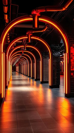 Long corridor with glowing neon lights in modern office building, perspective view