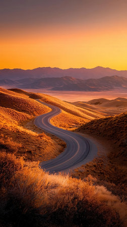 Road in the desert at sunset, California, United States of Americaの写真素材