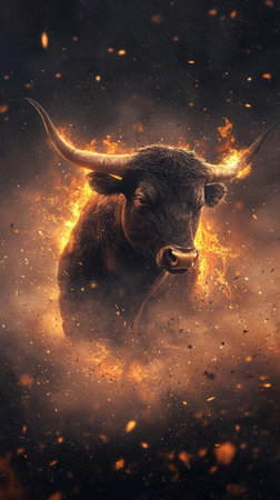 Bull burning in fire with smoke on dark background. 3d rendering