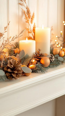Christmas decoration with burning candles and fir branches on mantelpiece in roomの写真素材