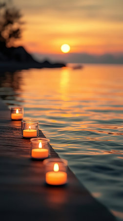 Candles in the water on the background of the setting sun.の写真素材