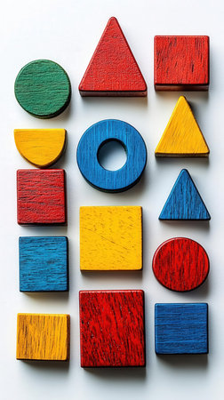 Colorful wooden geometric shapes on a white background. Top view.の写真素材