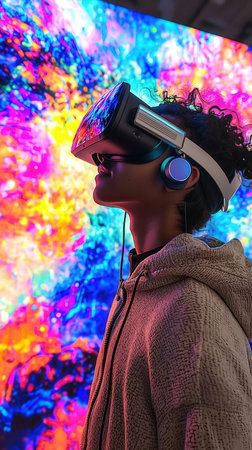 Young woman in virtual reality headset on colorful background. Future technology concept.