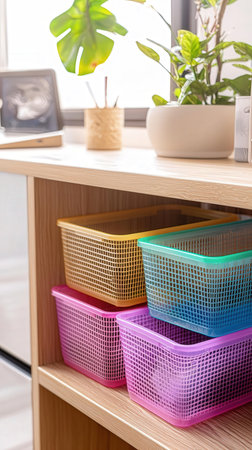 Colorful plastic baskets on a shelf in a modern living room.の写真素材
