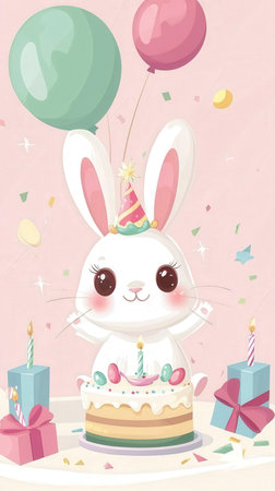 Cute bunny with cake and balloons on pink background. Vector illustration.の写真素材