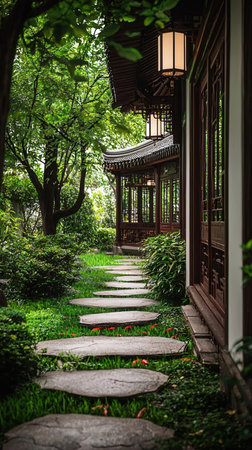 Pathway in the garden with old pavilion and flower pots.の写真素材