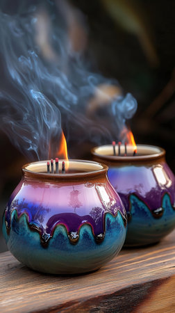 Burning candles in vases on wooden background, close-upの写真素材