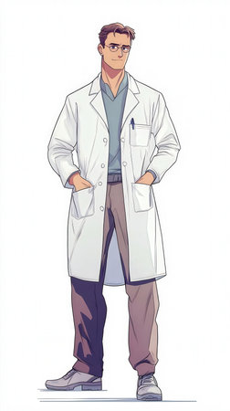 Vector illustration of a young male doctor in white coat and glasses.の写真素材