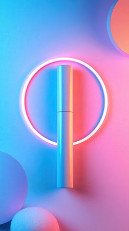 Neon lamp on blue and pink background. 3d rendering.の写真素材
