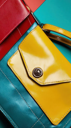 Colorful leather purse on a colorful background. Close-up.の写真素材