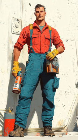 Worker in overalls and rubber gloves with a paint roller on a construction siteの写真素材
