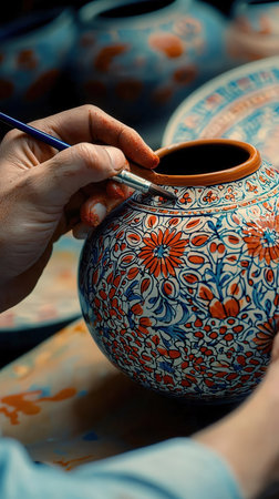 Close up of a potter's hands working on a potteryの写真素材
