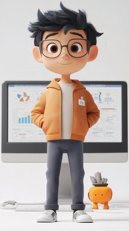 Little boy with orange jacket and glasses standing in front of the computer