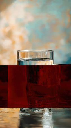 Two glasses of red and black liquid on a blue background with reflectionの写真素材