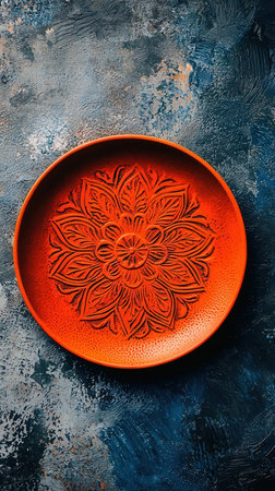 Empty orange plate on dark blue background, top view, copy spaceの写真素材