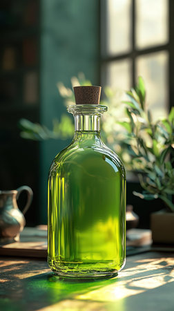 Bottle of fresh olive oil on table in cafe. Space for textの写真素材