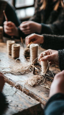 cropped view of woman hands knitting thread with needles on wooden tableの写真素材