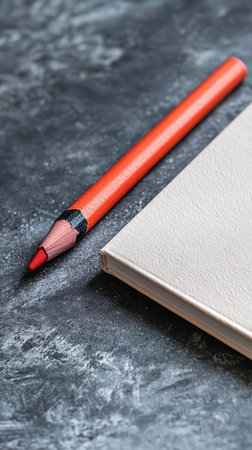 Blank notebook and red pencil on dark background, closeup viewの写真素材