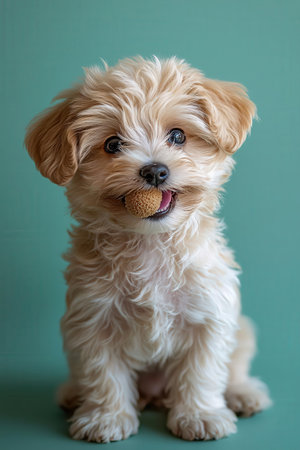 Cute little dog on green background, studio shot, vertical picture